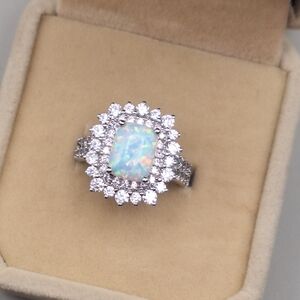 Opal & CZ Sterling Silver Cocktail Ring – Size 7